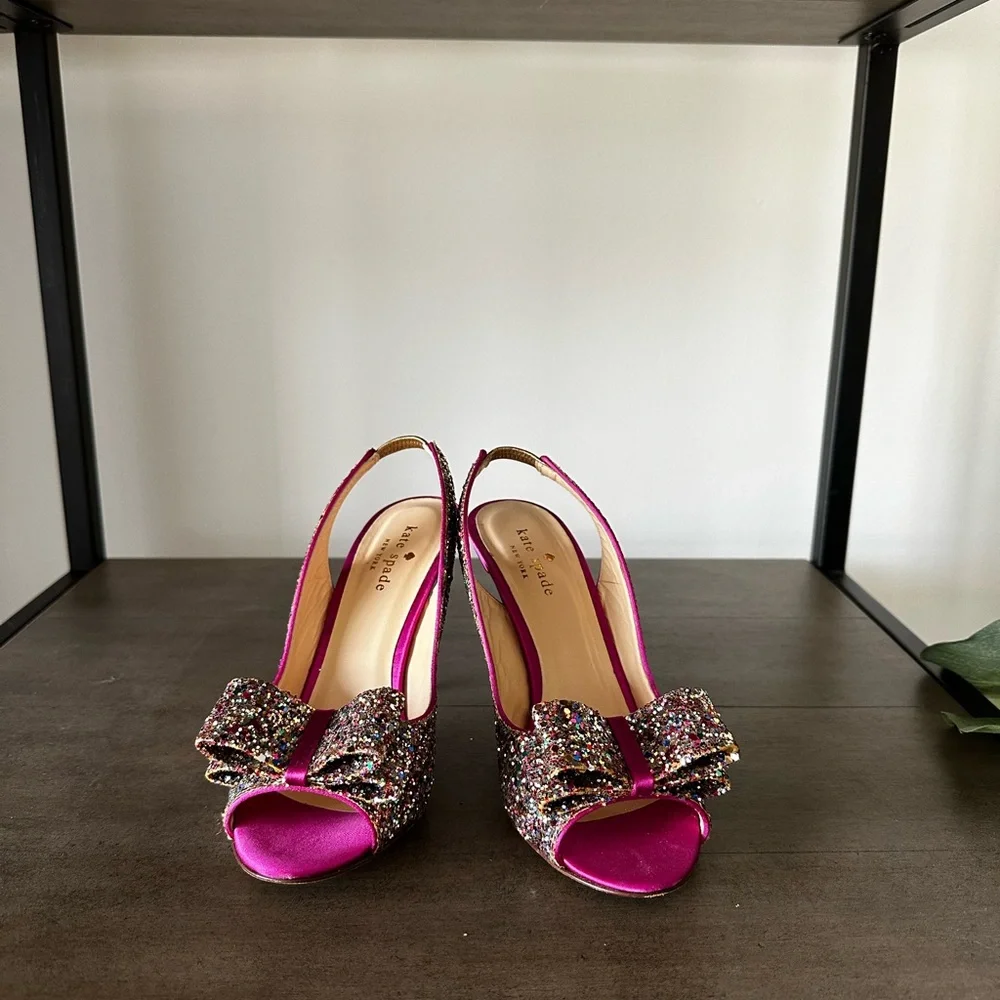 Kate Spade “Charm” Fuchsia and Multicolor Glitter Heels size 6.5 - Picture 2 of 8